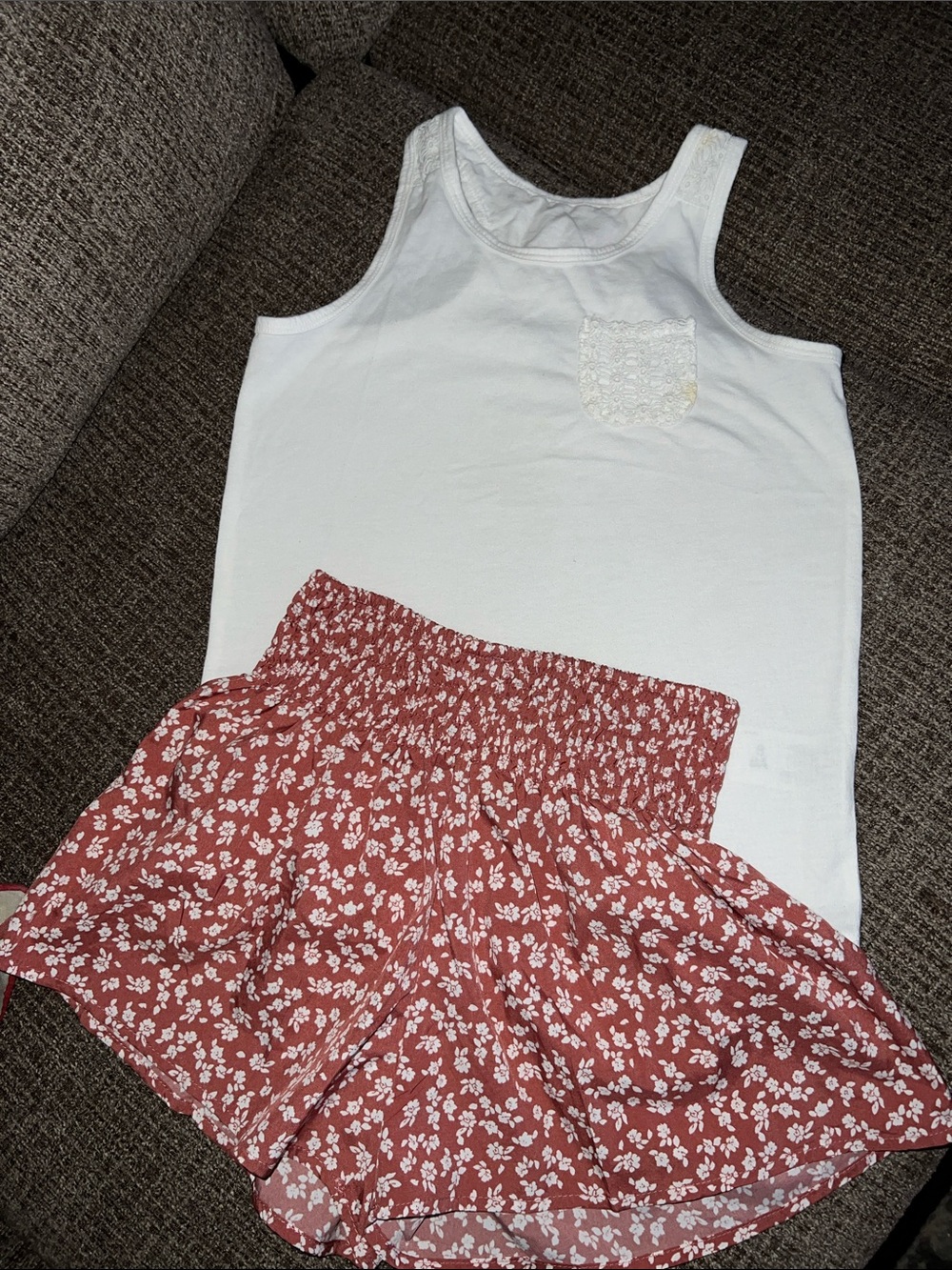 Girls White Lace Pocket Tank with Rust Floral Skort Set